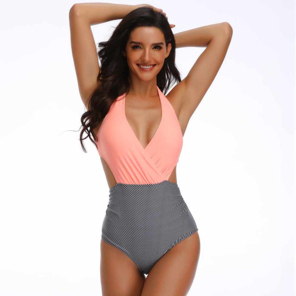 Adiffu High Stretch One-piece Swimsuit-Orange And Black Stripes