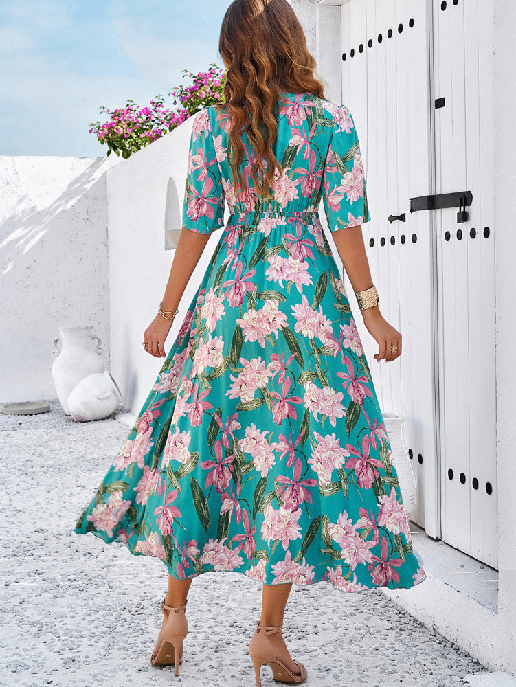 Spring/Summer Holiday Casual Print Slit Dress