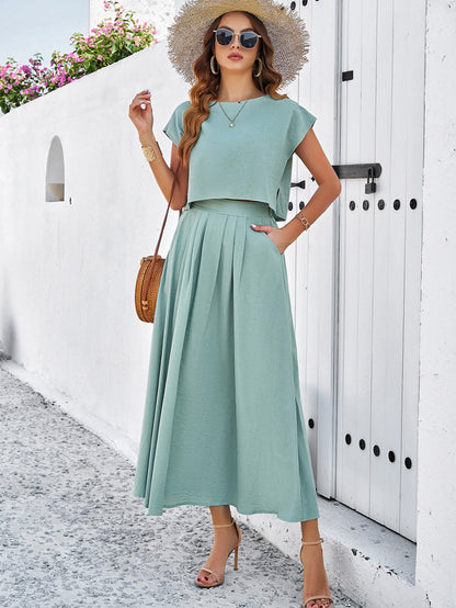 Adiffu Casual Sleeveless Top And Skirt Suit-Greyish-green