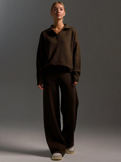 Adiffu Polo Neck Knit Pullover And Wide-leg Trousers