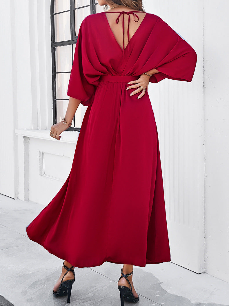 Adiffu Elegant V-Neck Loose Dress-Wine Red