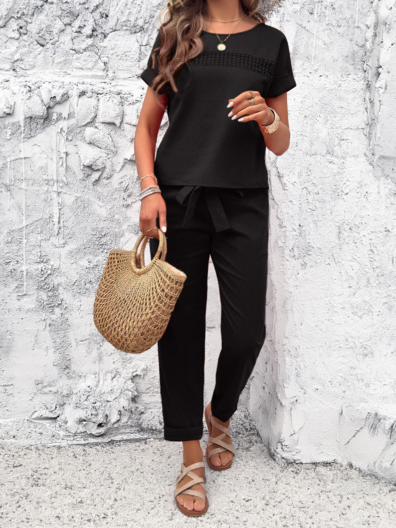 Adiffu Casual Short Sleeve Top And Long Pants Suit