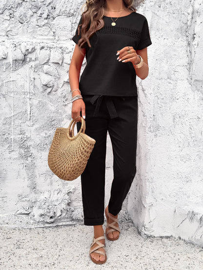 Adiffu Casual Short Sleeve Top And Long Pants Suit