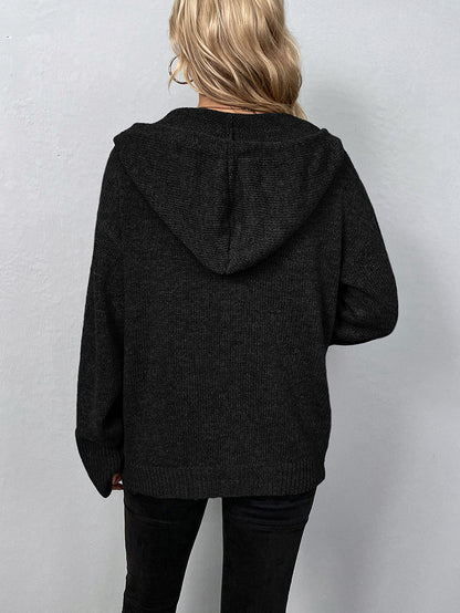 Adiffu Women's Single-breasted Solid Color Hooded Drawstring Knit Cardigan Sweater