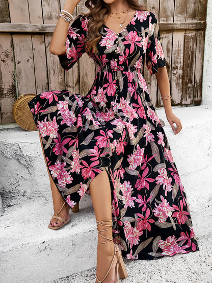 Spring/Summer Holiday Casual Print Slit Dress