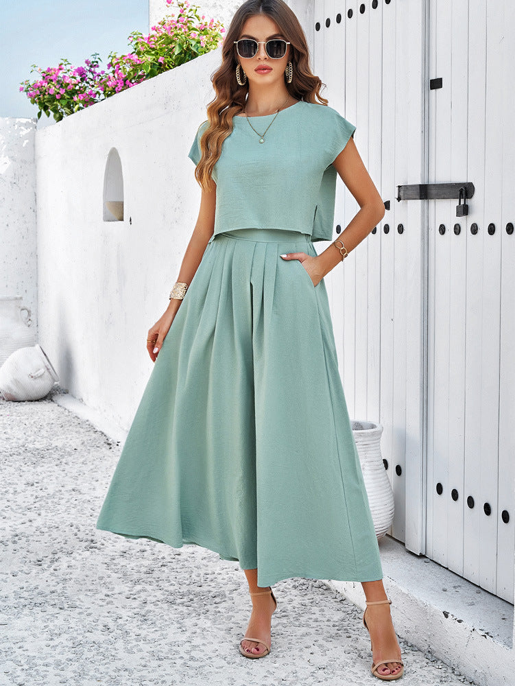 Adiffu Casual Sleeveless Top And Skirt Suit-Greyish-green