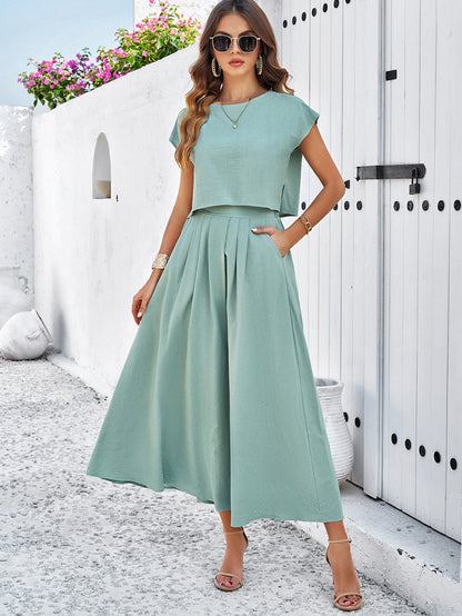 Adiffu Casual Sleeveless Top And Skirt Suit-Greyish-green