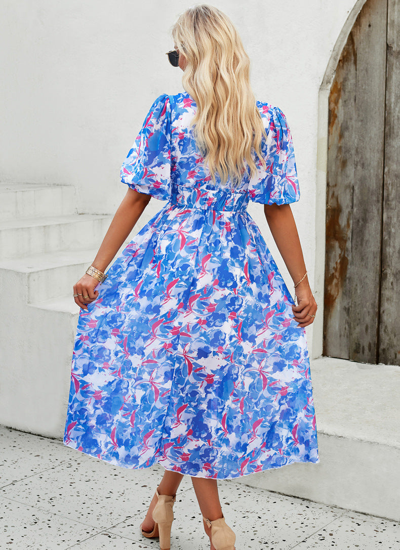 Spring/Summer Holiday Casual Print V-neck Dress