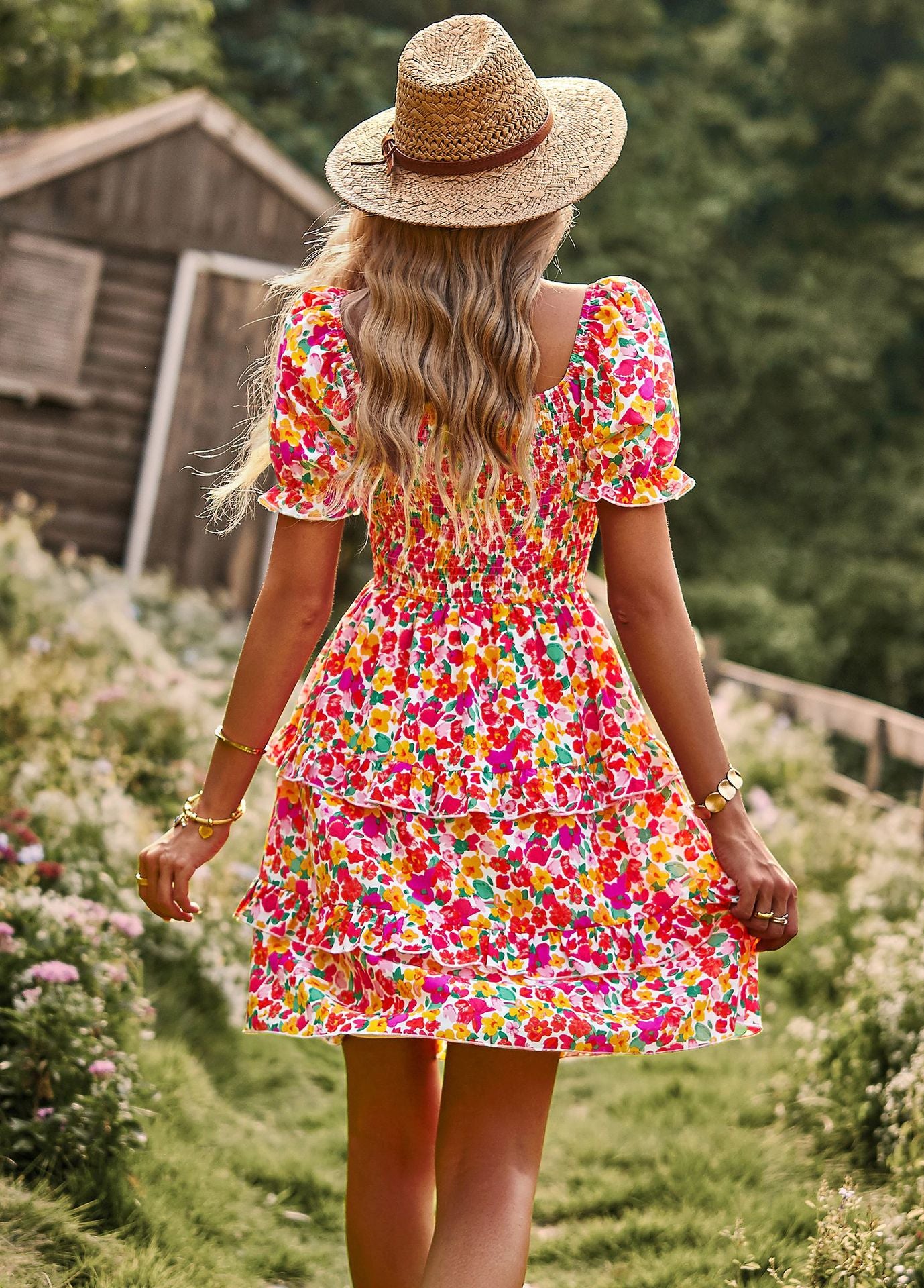 Adiffu Floral Short Sleeve Cake Dress