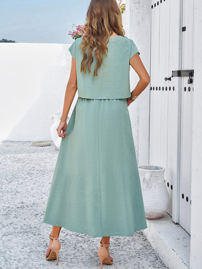 Adiffu Casual Sleeveless Top And Skirt Suit-Greyish-green