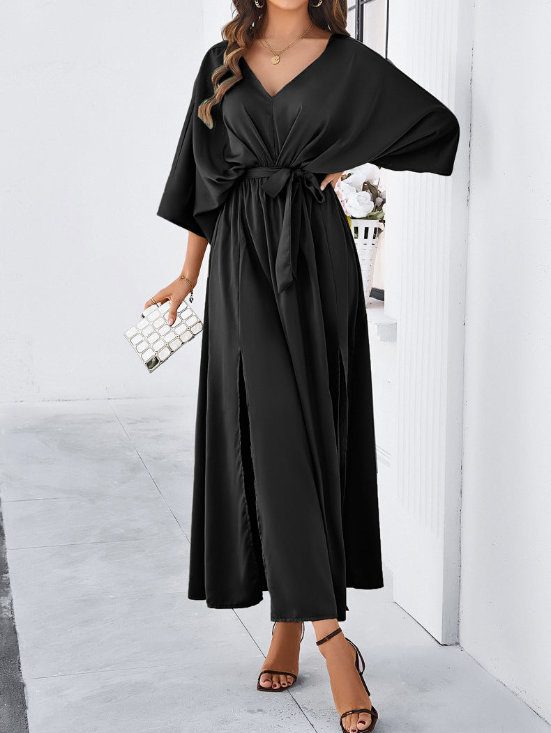 Adiffu Elegant V-Neck Loose Dress-Black