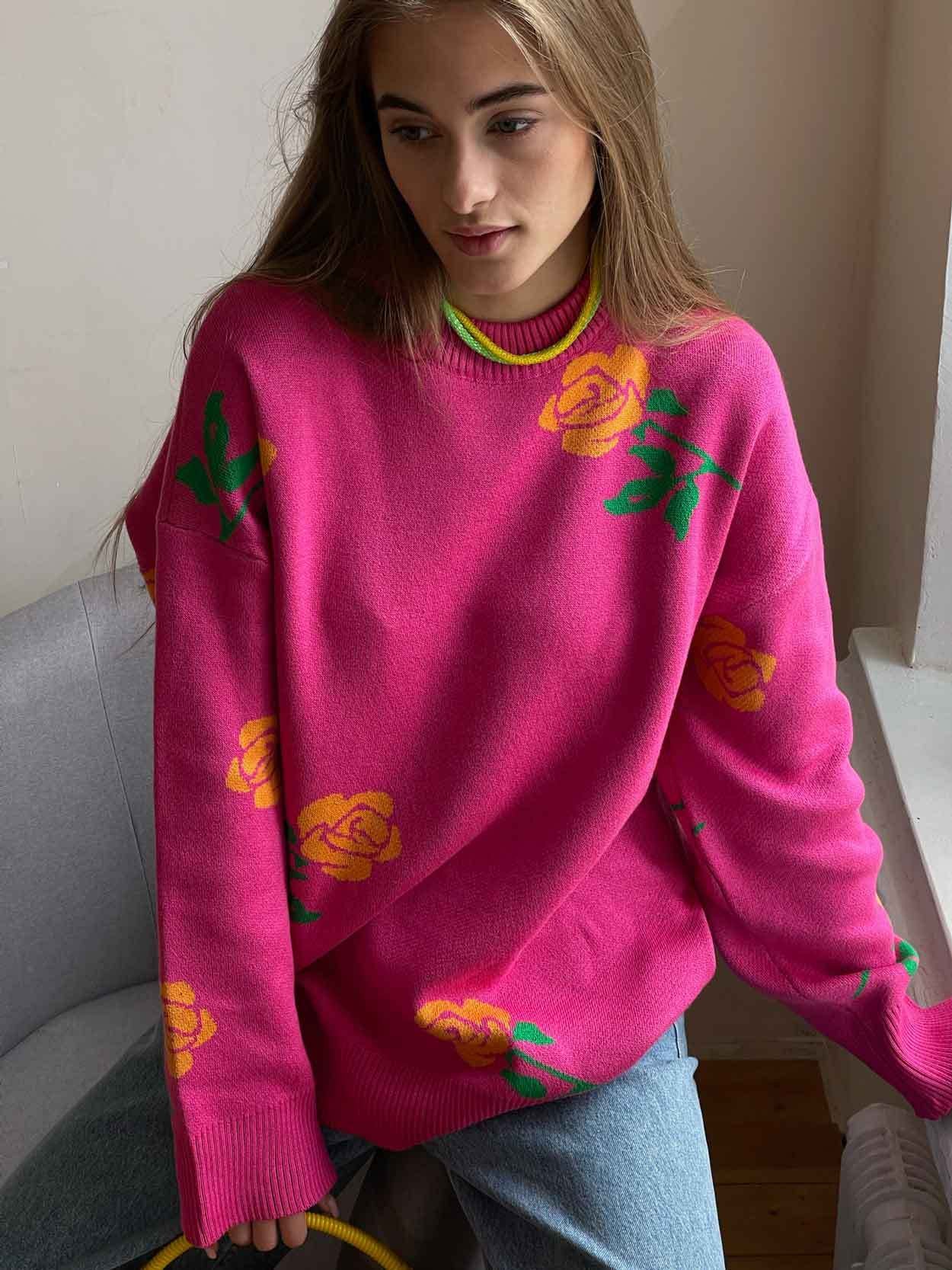 Adiffu Loose Colored Rose Crew-neck Sweater