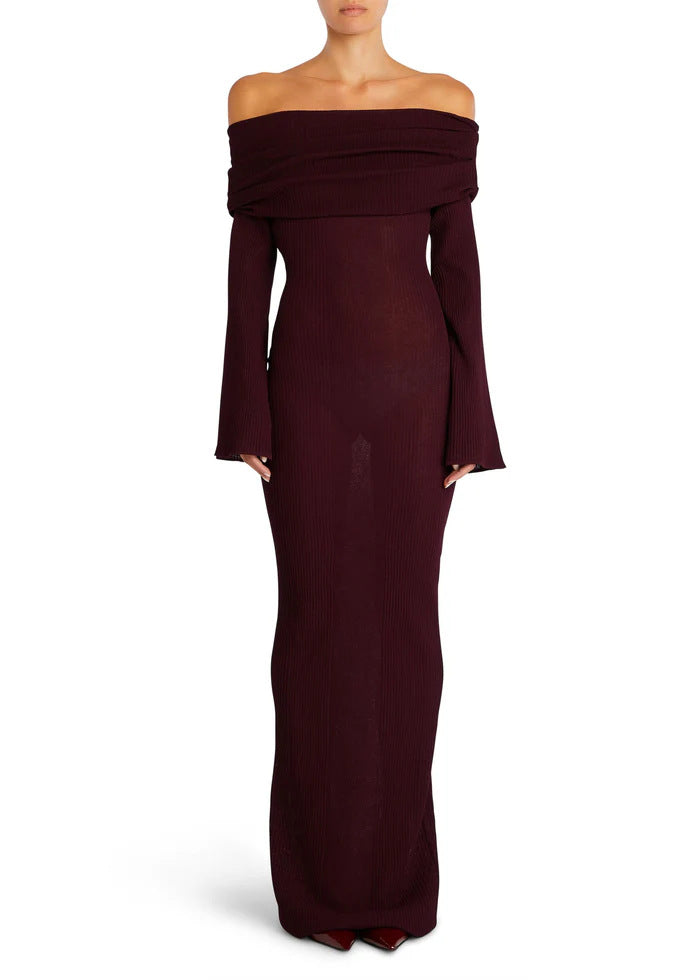 Adiffu Sexy Solid Color Long-sleeved One-shoulder Pleated Knit Dress