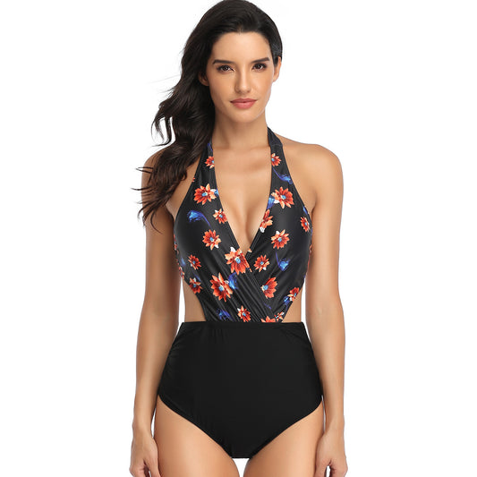 Adiffu High Stretch One-piece Swimsuit- Black Flower