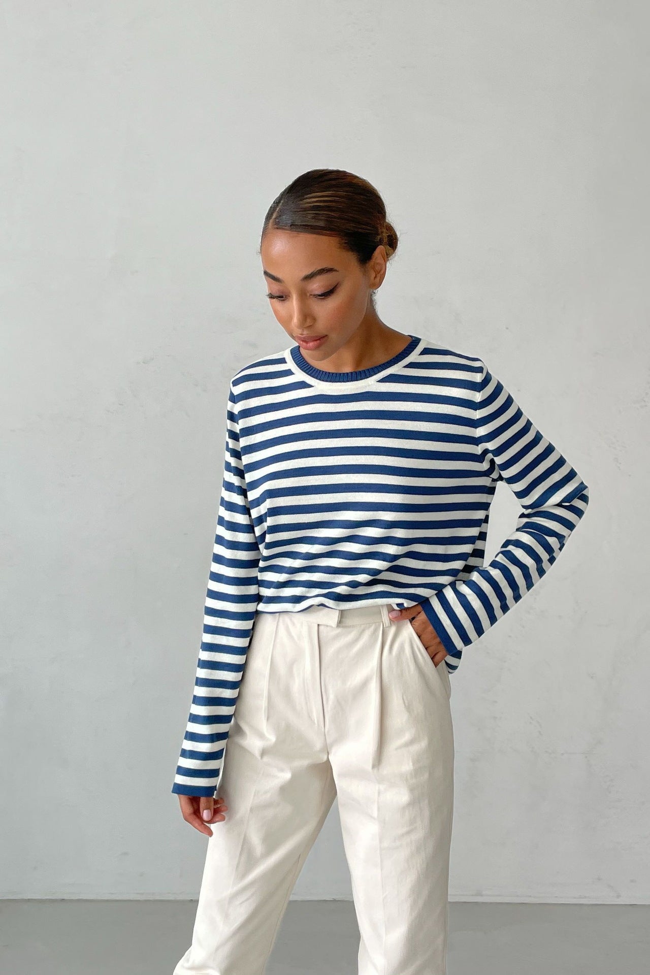 Adiffu Classic Vintage Round Neck Knitted Striped Pullover Sweater For Women
