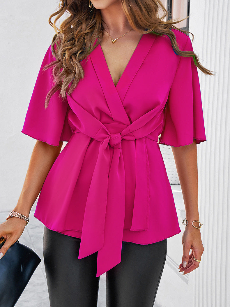 Stylish Short-sleeved Belted Top
