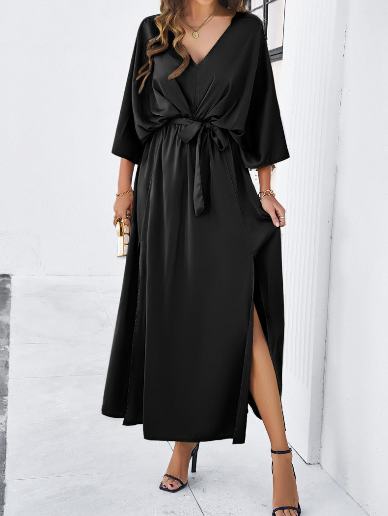 Adiffu Elegant V-Neck Loose Dress-Black
