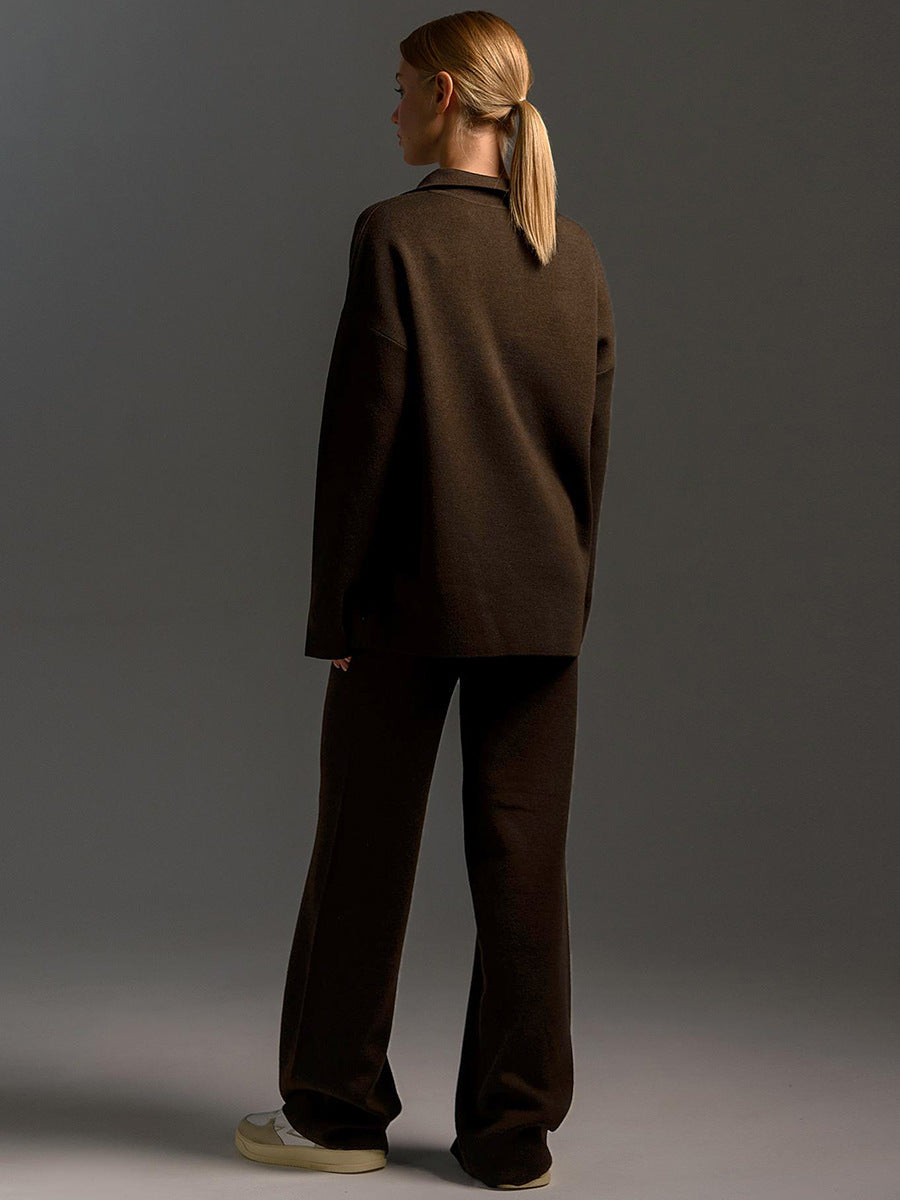 Adiffu Polo Neck Knit Pullover And Wide-leg Trousers
