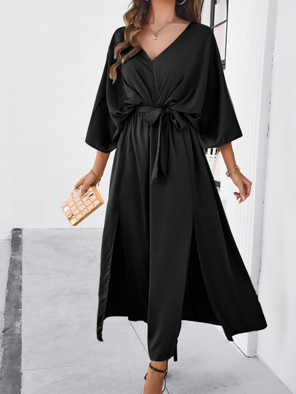 Adiffu Elegant V-Neck Loose Dress-Black