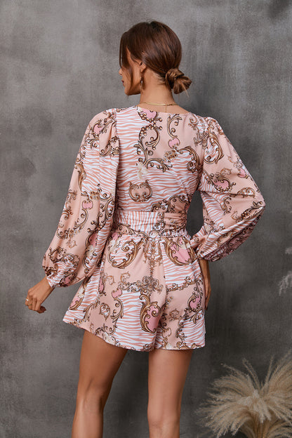 Adiffu Floral Long Sleeve Shorts V-neck Jumpsuit