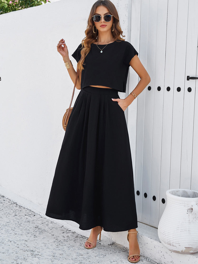 Adiffu Casual Sleeveless Top And Skirt Suit-Black