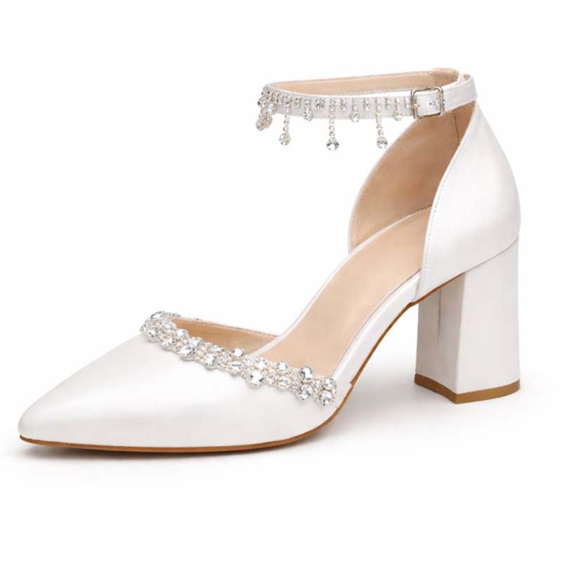Adiffu Rhinestone Tassel Chunky Heels High-heeled Sandal Wedding Shoes