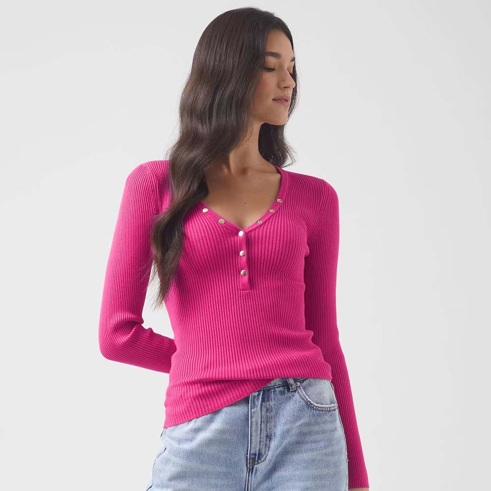 Adiffu Ribbed V-Neck Buttoned Slim-Fit Long Sleeve Tee for Women – Stretchy Casual Basic Layering Top, Figure-Flattering Rib Knit T-Shirt