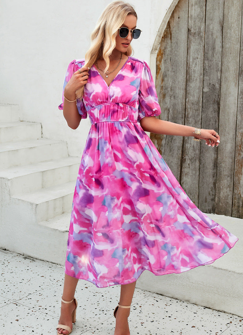 Spring/Summer Holiday Casual Print V-neck Dress