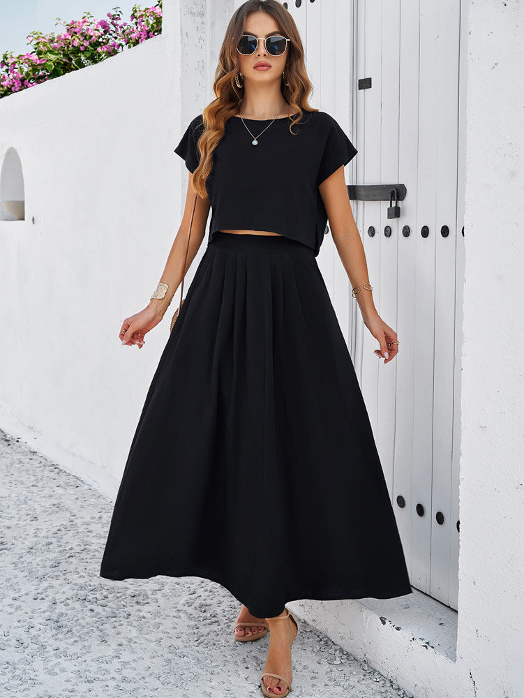 Adiffu Casual Sleeveless Top And Skirt Suit-Black