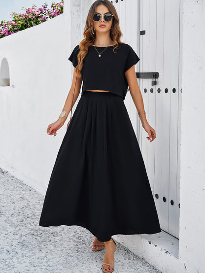 Adiffu Casual Sleeveless Top And Skirt Suit-Black