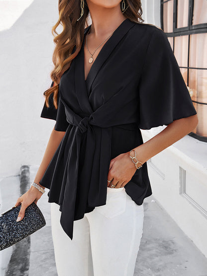 Stylish Short-sleeved Belted Top