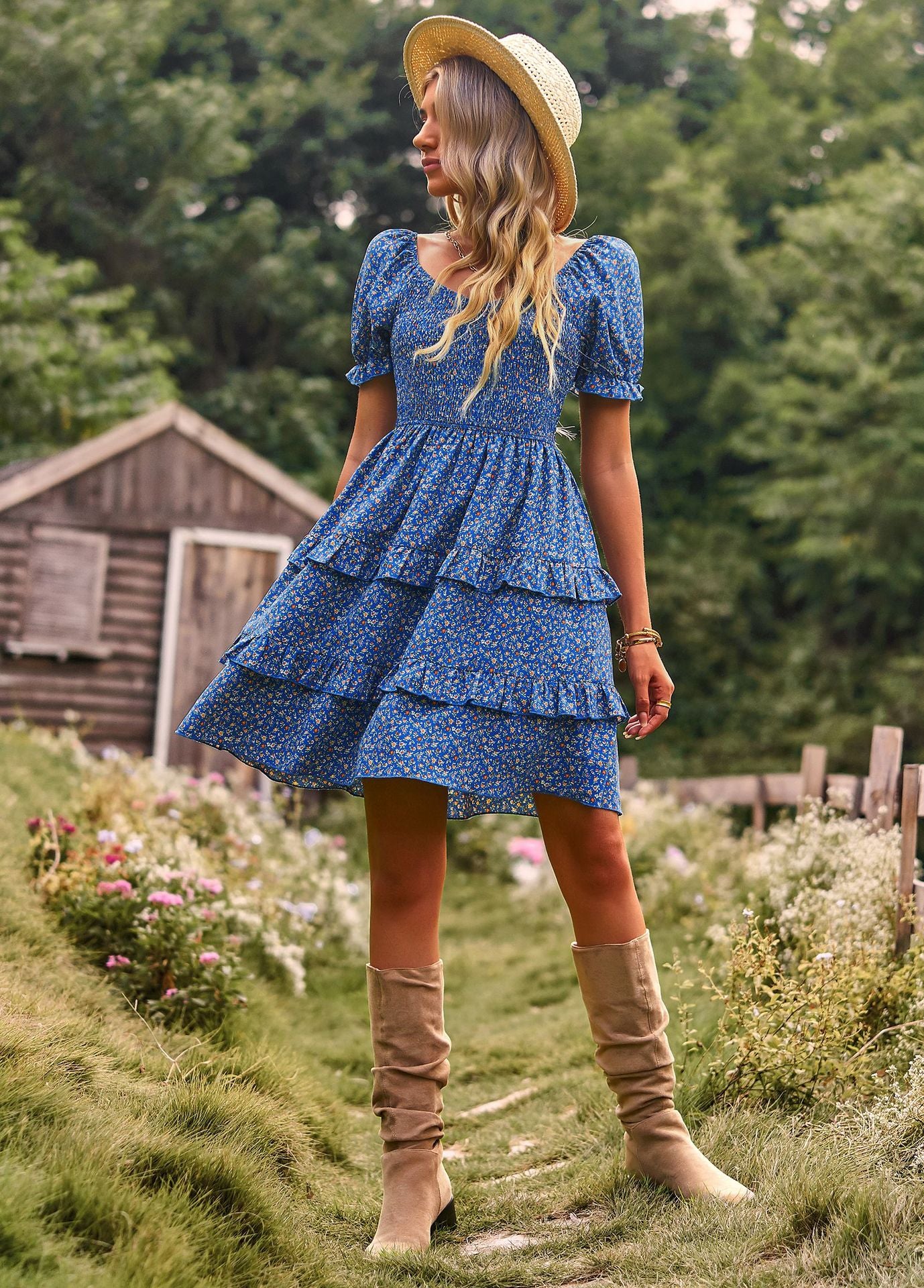 Adiffu Floral Short Sleeve Cake Dress