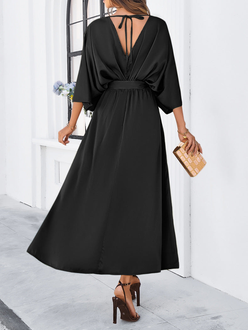Adiffu Elegant V-Neck Loose Dress-Black