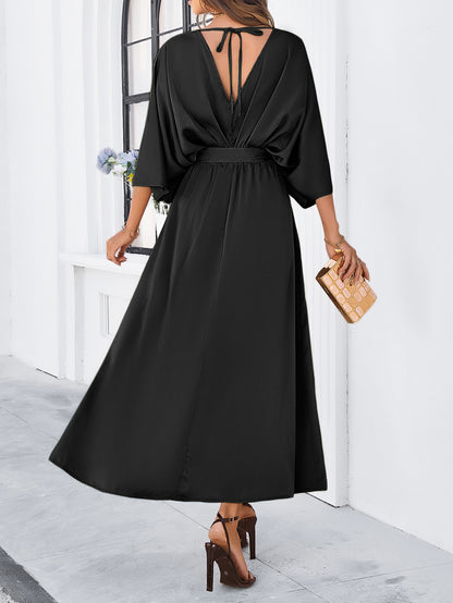 Adiffu Elegant V-Neck Loose Dress-Black