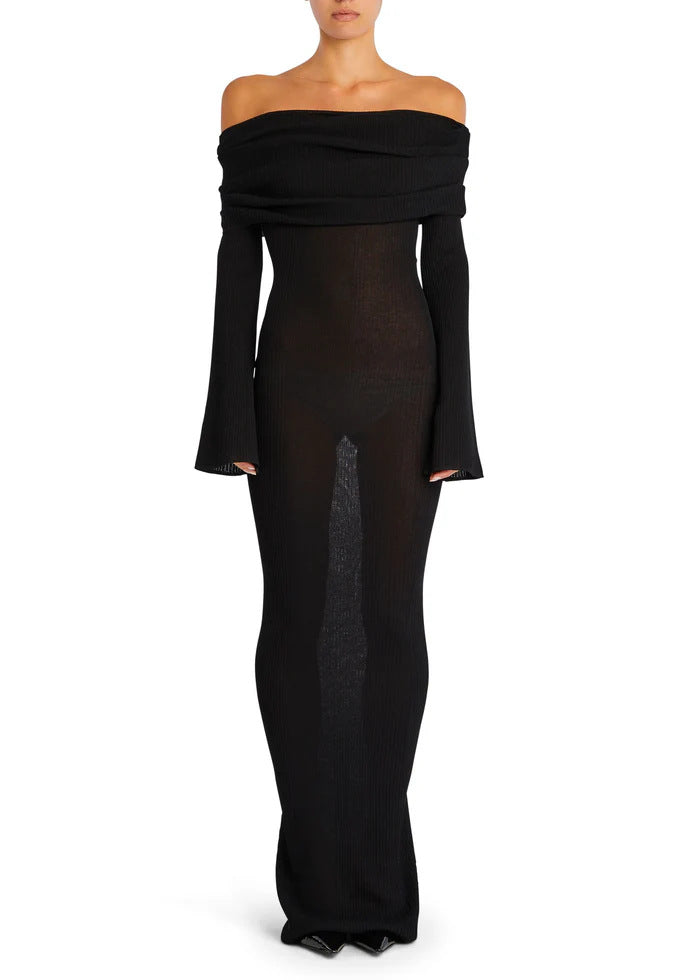Adiffu Sexy Solid Color Long-sleeved One-shoulder Pleated Knit Dress
