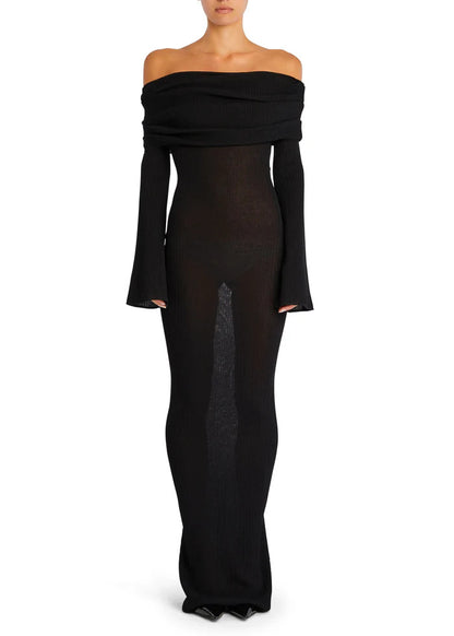 Adiffu Sexy Solid Color Long-sleeved One-shoulder Pleated Knit Dress