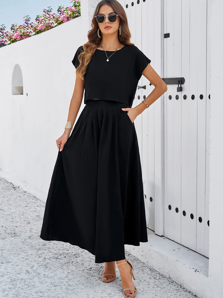 Adiffu Casual Sleeveless Top And Skirt Suit-Black