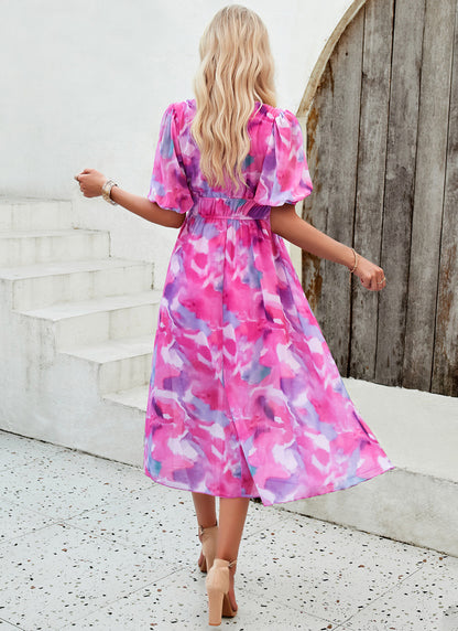 Spring/Summer Holiday Casual Print V-neck Dress