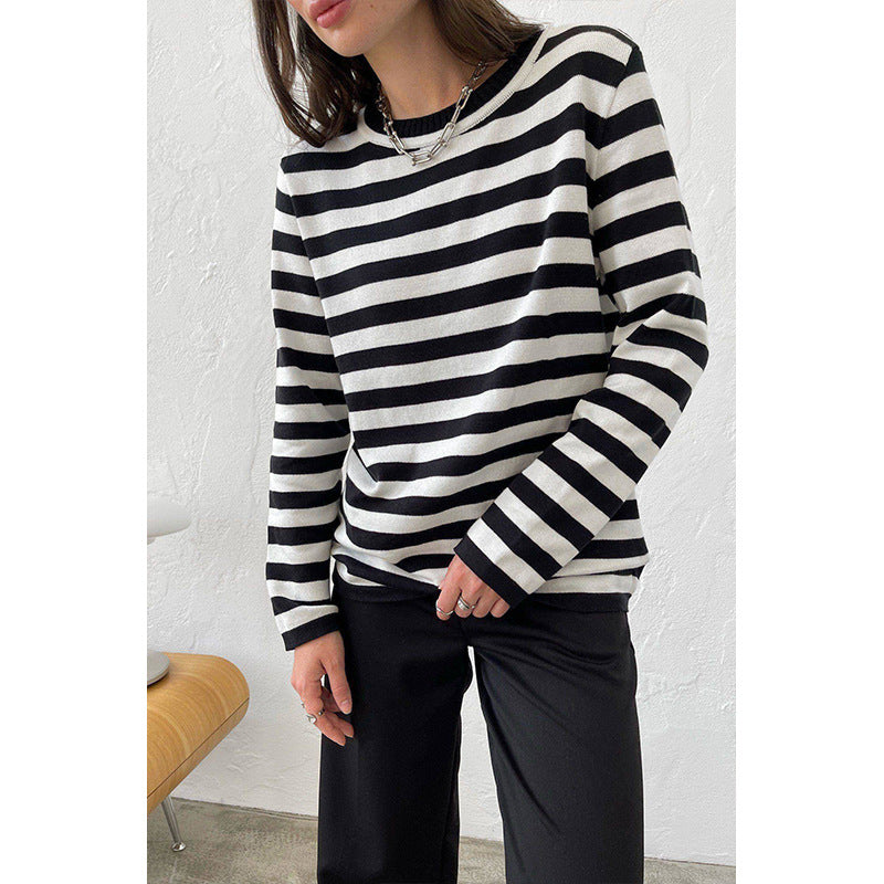 Adiffu Classic Vintage Round Neck Knitted Striped Pullover Sweater For Women