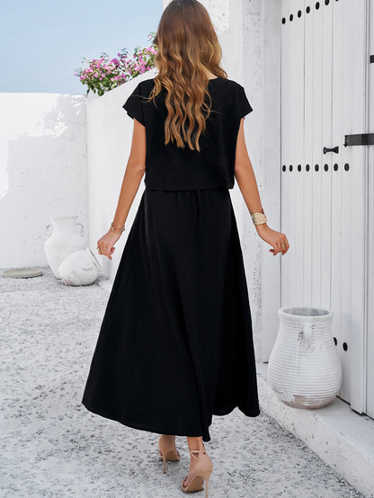 Adiffu Casual Sleeveless Top And Skirt Suit-Black