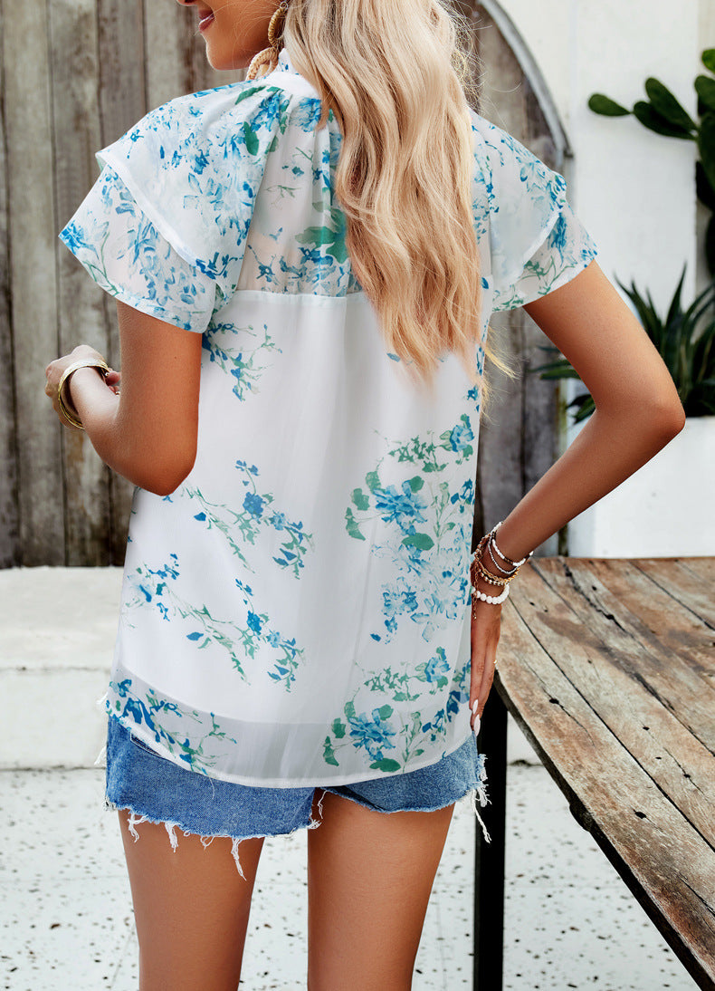 Semi-high Collar Floral Short-Sleeved Top-White