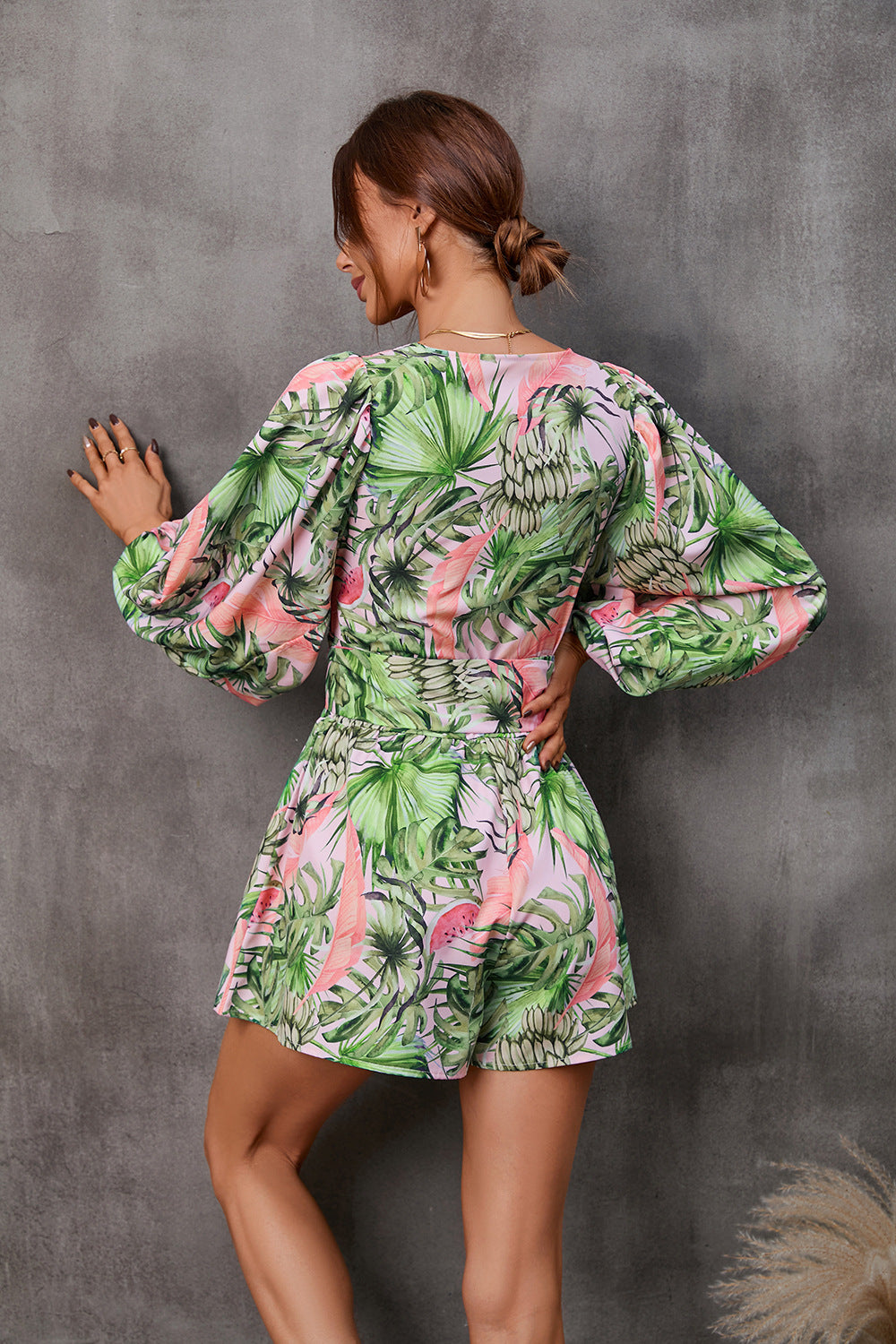Adiffu Floral Long Sleeve Shorts V-neck Jumpsuit