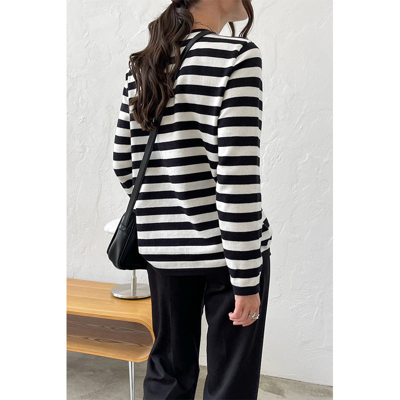 Adiffu Classic Vintage Round Neck Knitted Striped Pullover Sweater For Women