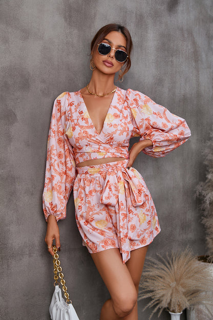 Adiffu Floral Long Sleeve Shorts V-neck Jumpsuit