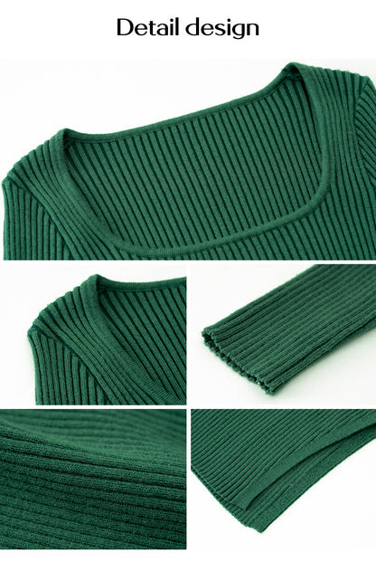 Adiffu Knitted Sweater Dress With Square Collar-Green