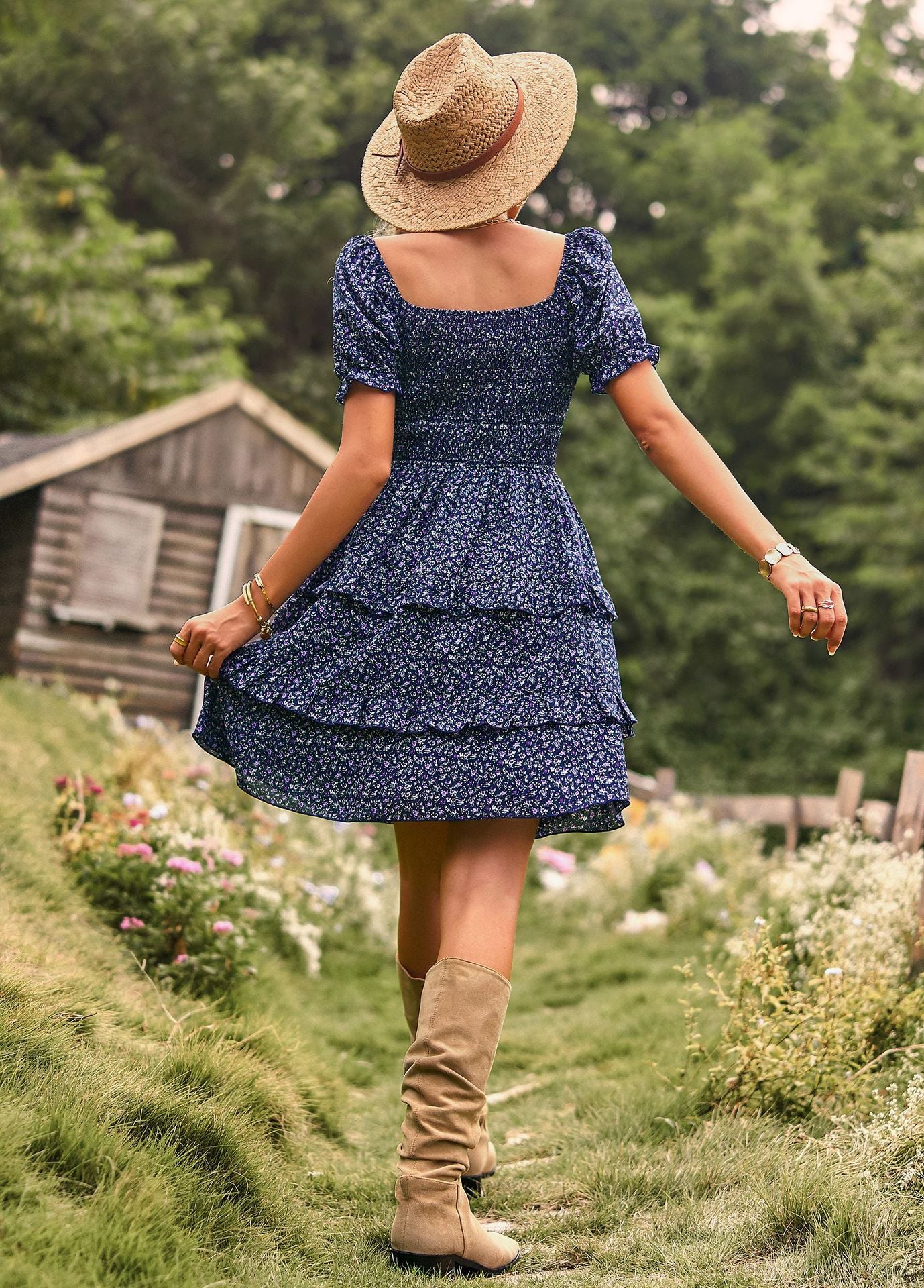 Adiffu Floral Short Sleeve Cake Dress