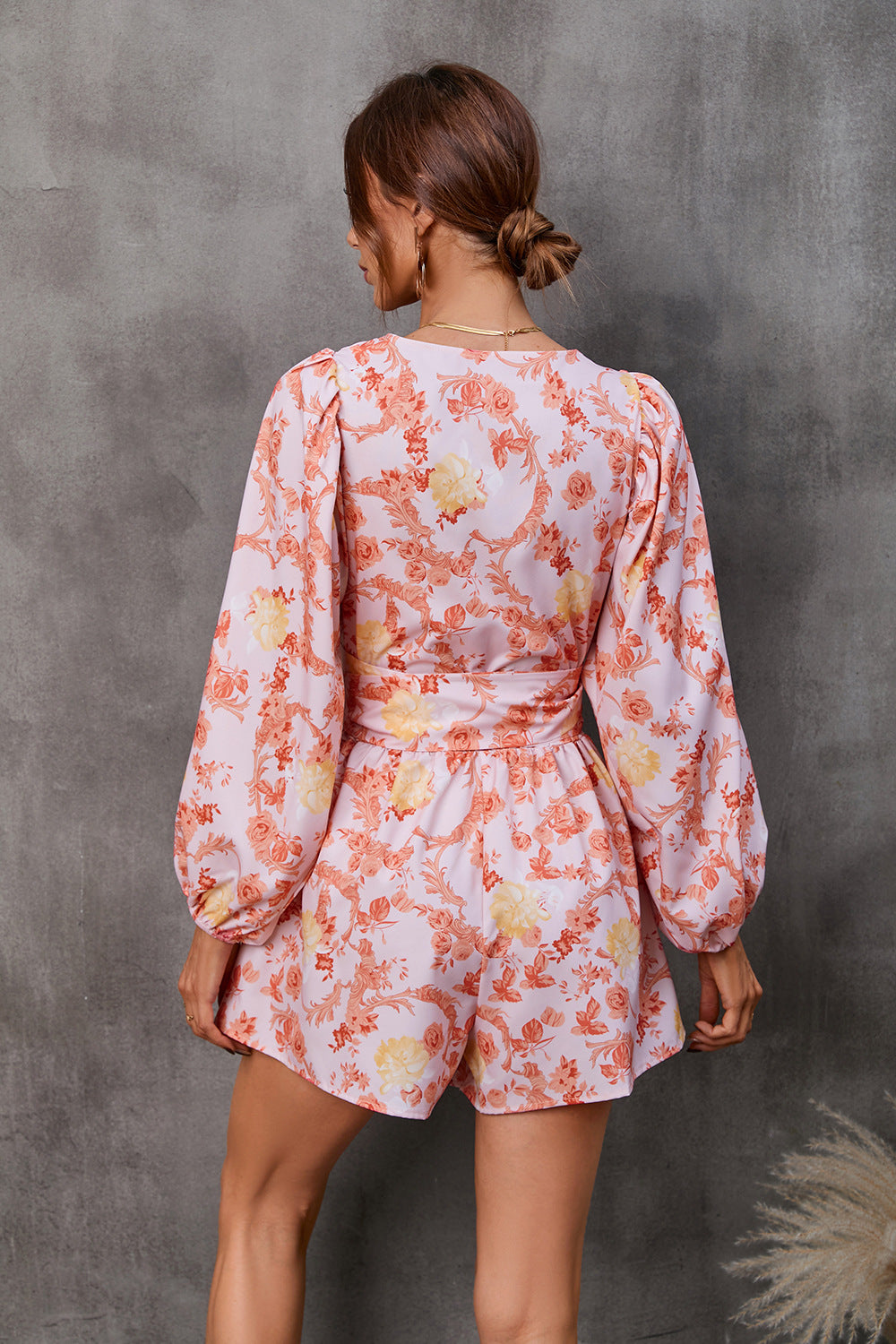Adiffu Floral Long Sleeve Shorts V-neck Jumpsuit