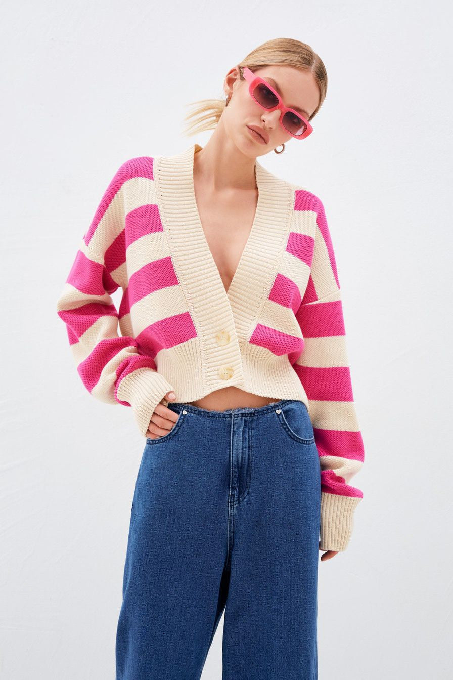 Adiffu Color Contrast Loose Design Knit Cardigan Coat