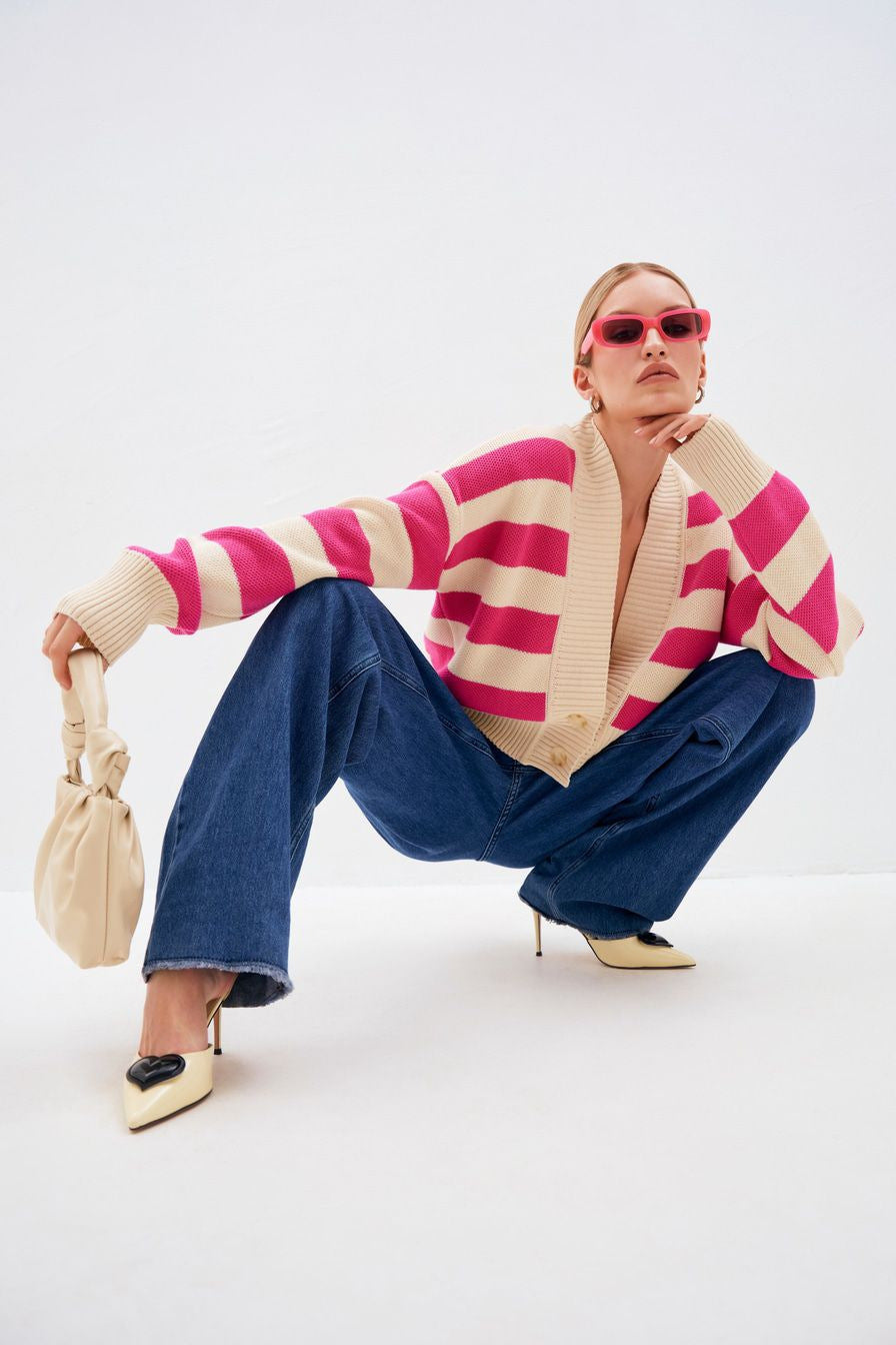 Adiffu Color Contrast Loose Design Knit Cardigan Coat