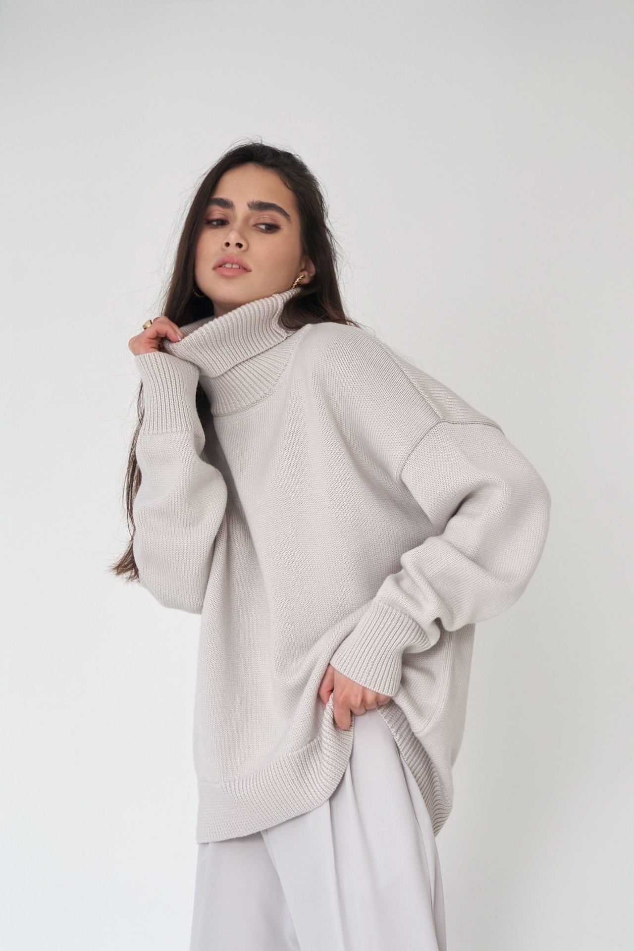 Adiffu Autumn Winter Solid Color Loose Knitted Sweater